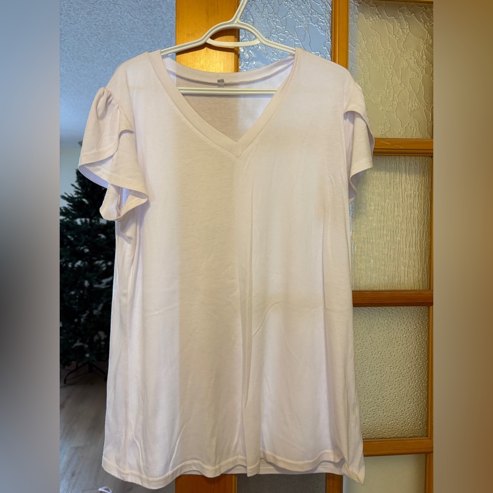 White V-Neck Women's Top with Flutter Sleeves Size Large / Extra Large